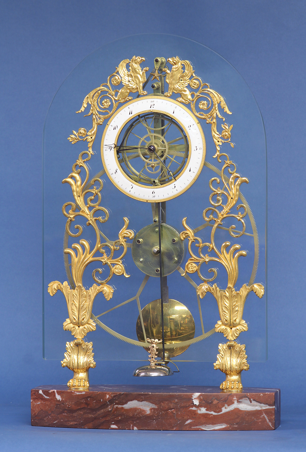Rare French Glass-Plate Skeleton Clock with Remontoire Strike.