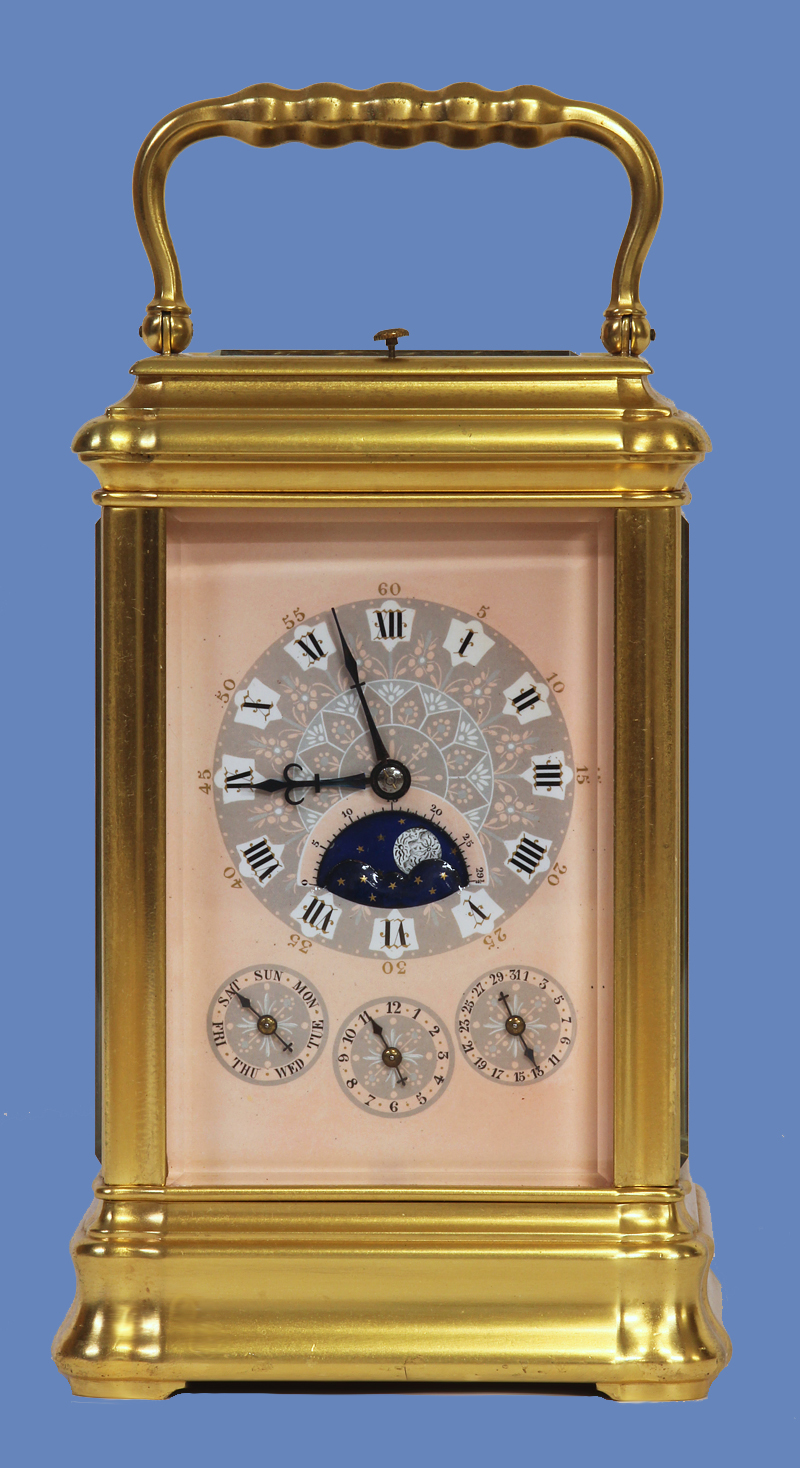 c.1875 French Gilt-Bronze Gorge-Cased Grand-Sonnerie Multi-Dial Carriage Clock