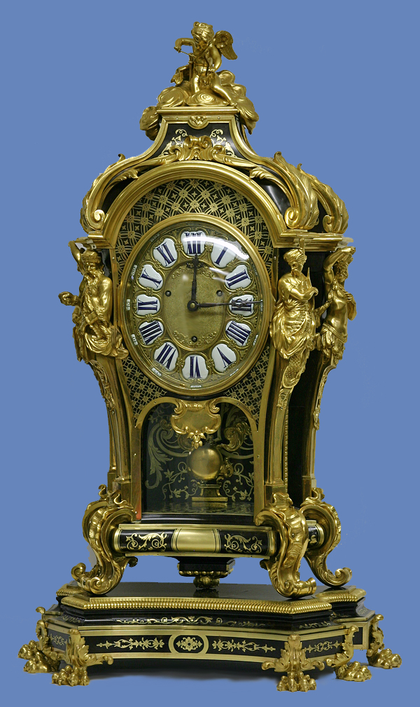 c.1900 Rare French Louis XIV Style Ormolu and Boulle Quarter-Striking Oval Dial Mantle Clock