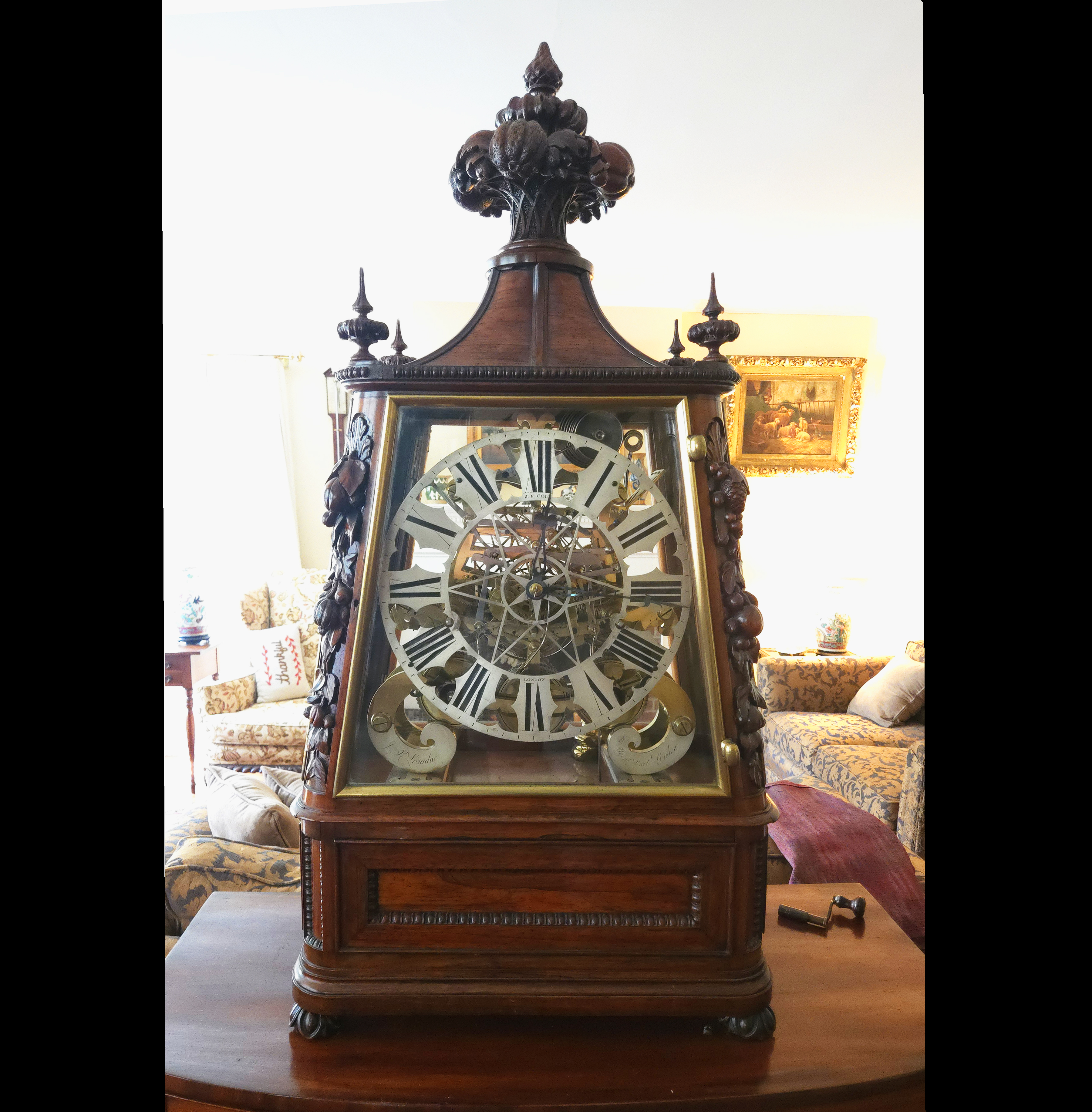 c.1860 Massive Exhibition 8-Bell Skeleton Clock in a Glazed Rosewood Case with an Exceptional Operatic Music Box.