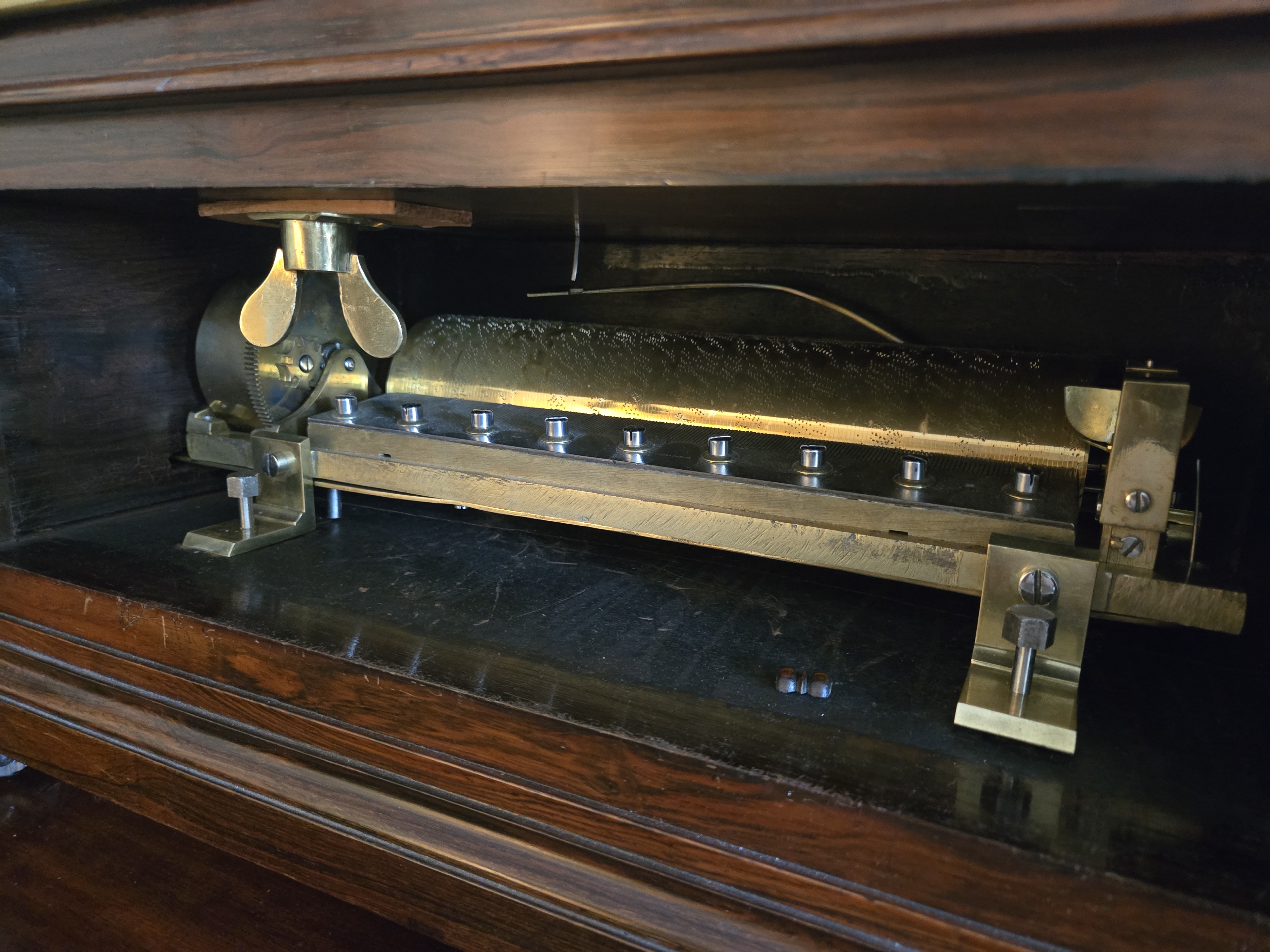 c.1860 Massive Exhibition 8-Bell Skeleton Clock in a Glazed Rosewood Case with an Exceptional Operatic Music Box.